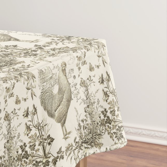 Classic Vintage Rooster Beige Floral Toile  Tablecloth (In Situ)