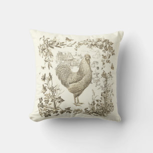 Classic Vintage Rooster Beige Floral Toile  Throw Pillow