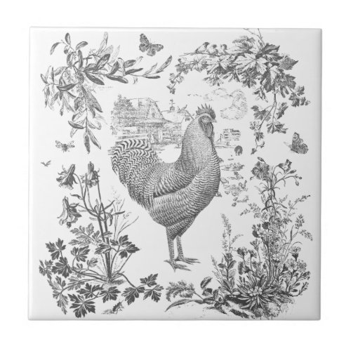 Classic Vintage Rooster Gray Floral Toile  Ceramic Tile