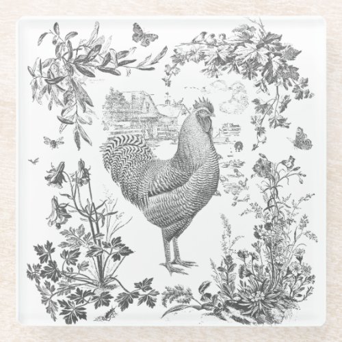 Classic Vintage Rooster Gray Floral Toile  Glass Coaster