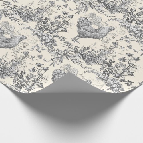 Classic Vintage Rooster Gray Floral Toile  Wrapping Paper