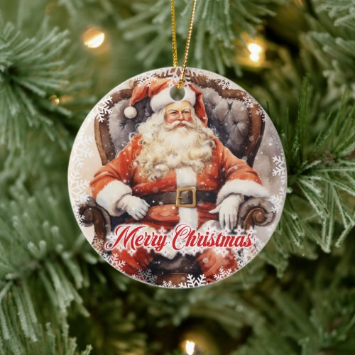 Classic vintage Santa Claus sitting on a chair Ceramic Ornament