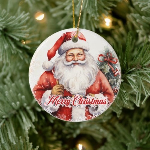 Classic vintage Santa Claus smiling red berries Ceramic Ornament