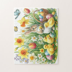 Classic/Vintage spring rabbit/chicken Jigsaw Puzzle