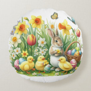 Classic/Vintage spring rabbit/chicken Round Pillow