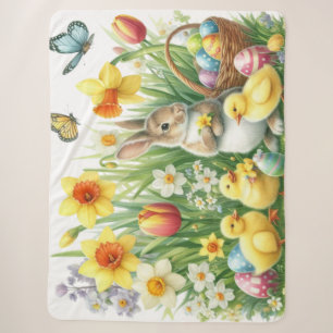 Classic/Vintage spring rabbit/chicken Sherpa Blanket