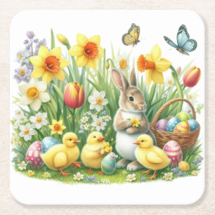Classic/Vintage spring rabbit/chicken Square Paper Coaster