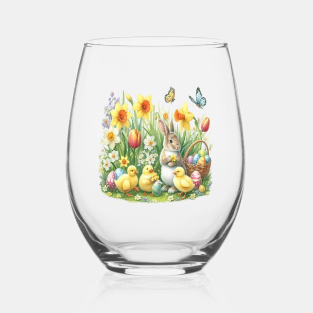 Classic/Vintage spring rabbit/chicken Stemless Wine Glass (Front)