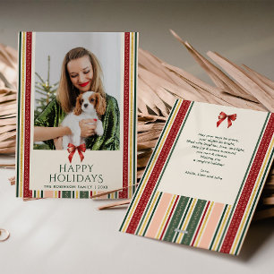 Classic Vintage Stripes Bow Merry Christmas Photo Holiday Card