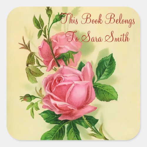Classic Vintage Style Pink Roses BookplateSticker Square Sticker