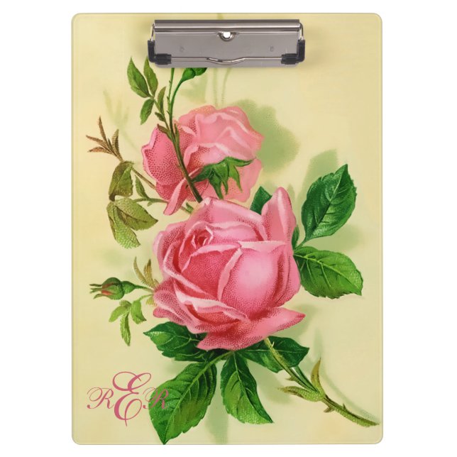 Classic Vintage Style Pink Roses Clipboard (Front)