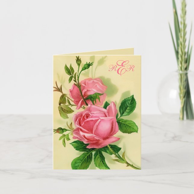 Classic Vintage Style Pink Roses Note Card (Front)