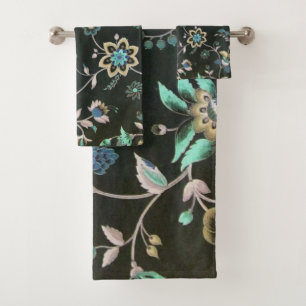 Classic vintage teal pink green bohemian floral bath towel set