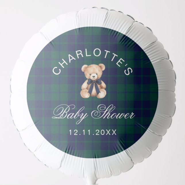 Classic Vintage Teddy bear Plaid Baby Shower Balloon (Front)