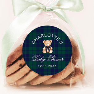 Classic Vintage Teddy bear Plaid Baby Shower Classic Round Sticker
