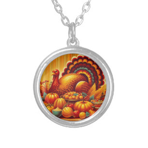 classic/vintage Thanksgiving Turkey Silver Plated Necklace