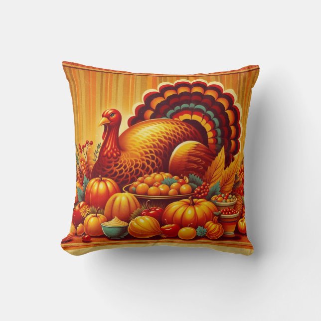 classic/vintage Thanksgiving Turkey Throw Pillow (Front)