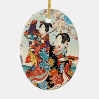 Classic vintage ukiyo-e two geishas Utagawa art Ceramic Ornament
