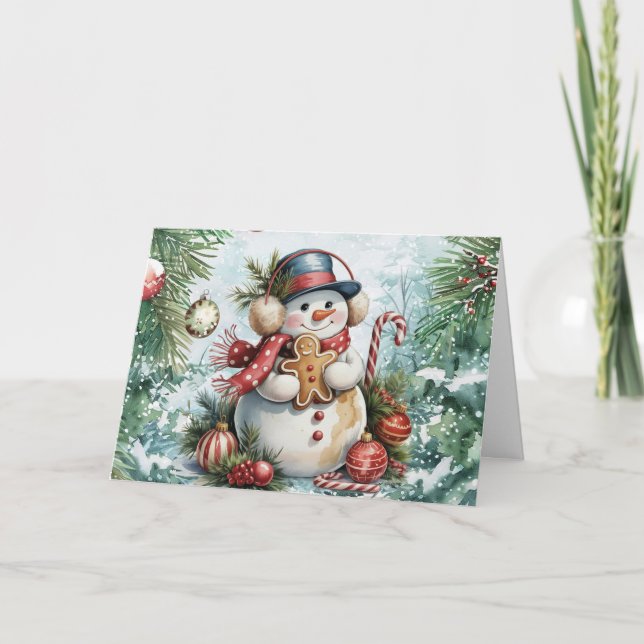 Classic Vintage Watercolor Christmas Snowman Blank Holiday Card (Front)