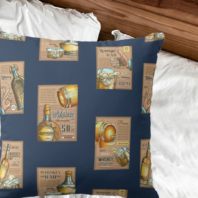 Classic Vintage Whiskey Bar Poster Pattern  Throw Pillow (Creator Uploaded)