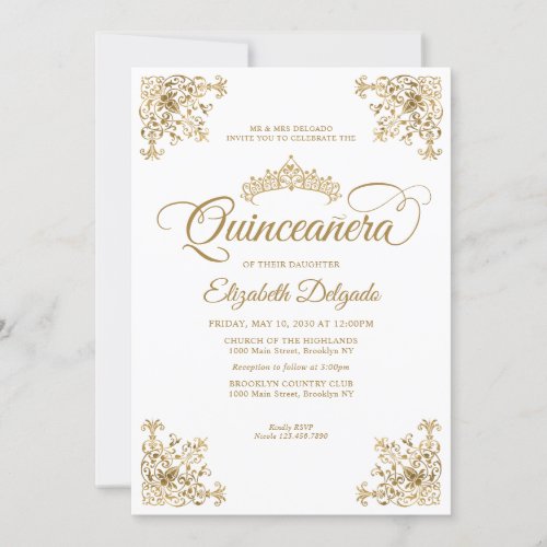 Classic Vintage White Gold Frame Tiara Quinceanera Invitation