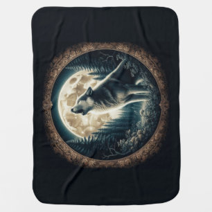 Classic, vintage wolf & moon baby blanket