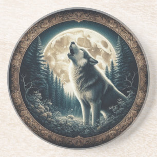 Classic, vintage wolf & moon  coaster