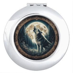 Classic, vintage wolf & moon compact mirror