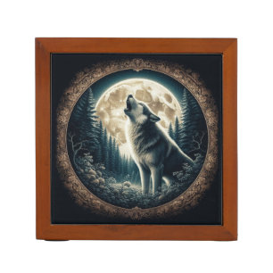 Classic, vintage wolf & moon  desk organizer