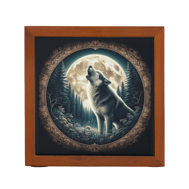 Classic, vintage wolf & moon  desk organizer (Front)