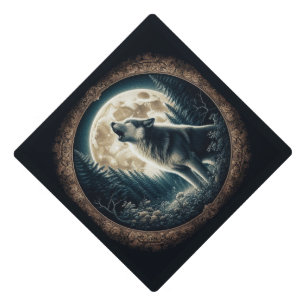 Classic, vintage wolf & moon graduation cap topper