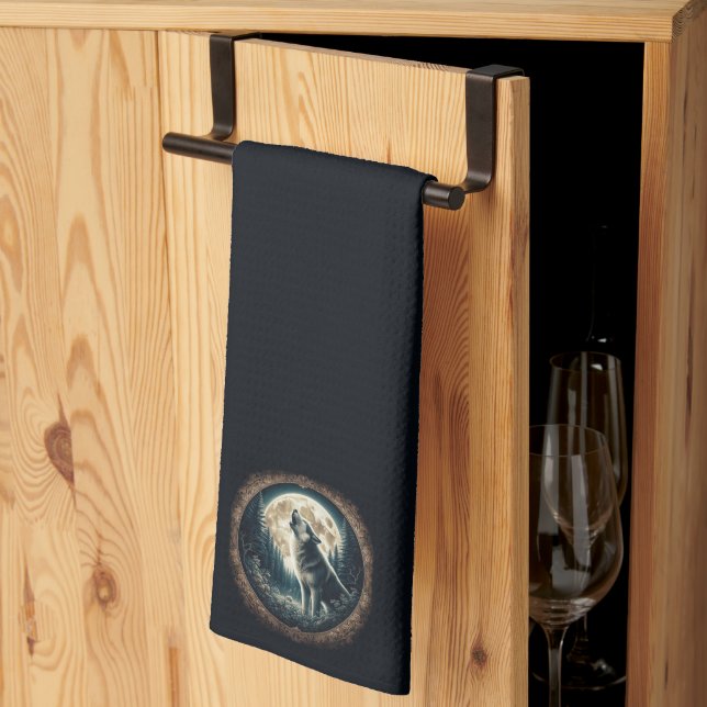 Classic, vintage wolf & moon  kitchen towel (Thirds Fold)