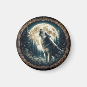 Classic, vintage wolf & moon magnet