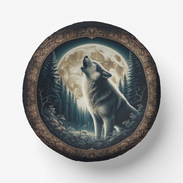 Classic, vintage wolf & moon  paper bowls (Front)