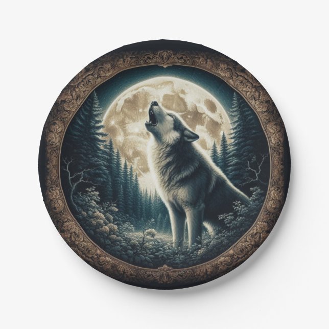 Classic, vintage wolf & moon  paper plates (Front)