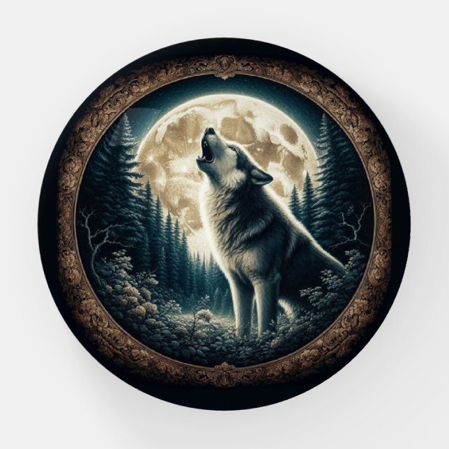Classic, vintage wolf & moon  paperweight (Front)