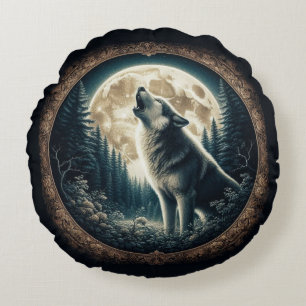 Classic, vintage wolf & moon  round pillow