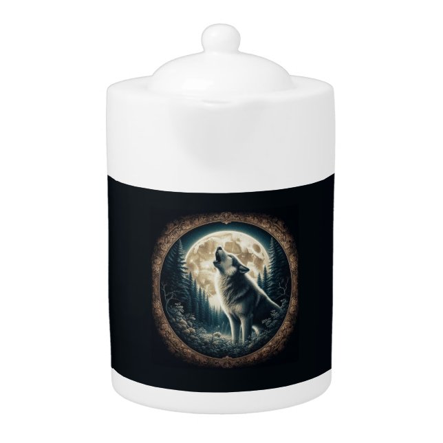 Classic, vintage wolf & moon  teapot (Front)