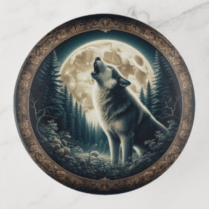 Classic, vintage wolf & moon  trinket tray