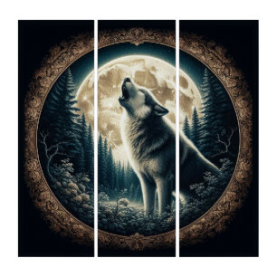 Classic, vintage wolf & moon  triptych