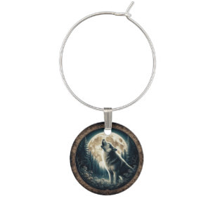 Classic, vintage wolf & moon wine charm