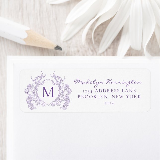 Classic Violet Floral Crest Monogram Address Label (Insitu)