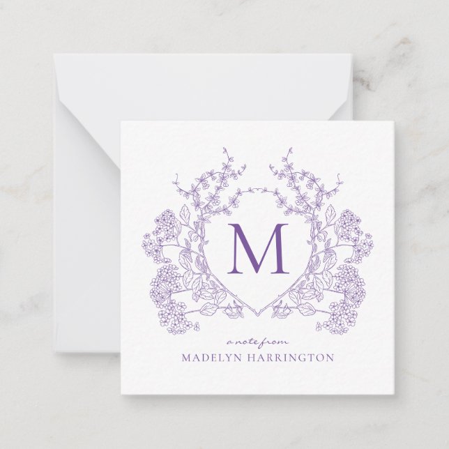 Classic Violet Floral Crest Monogram Note Card (Front)