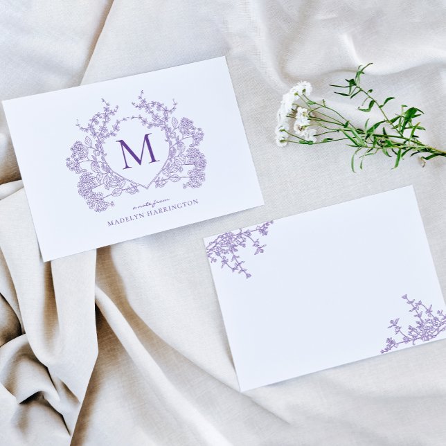 Classic Violet Floral Crest Monogram Note Card (Creator Uploaded)