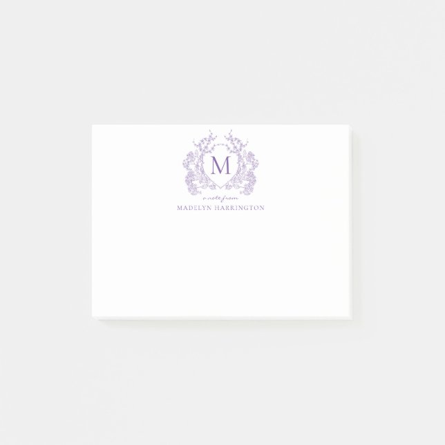 Classic Violet Floral Vintage Crest Monogram Post-it Notes (Front)