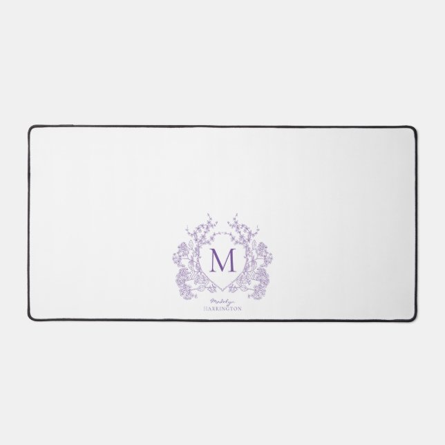 Classic Violet Purple Floral Crest Monogram Desk Mat (Front)