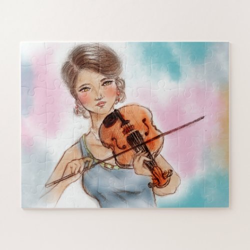 Classic Violin Lady Pink  Blue Vintage Art Jigsaw Puzzle