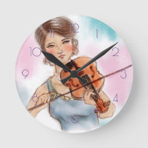 Classic Violin Lady Round Clock, Vintage Art