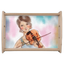 Classic Violin Lady Serving Tray, Vintage Art