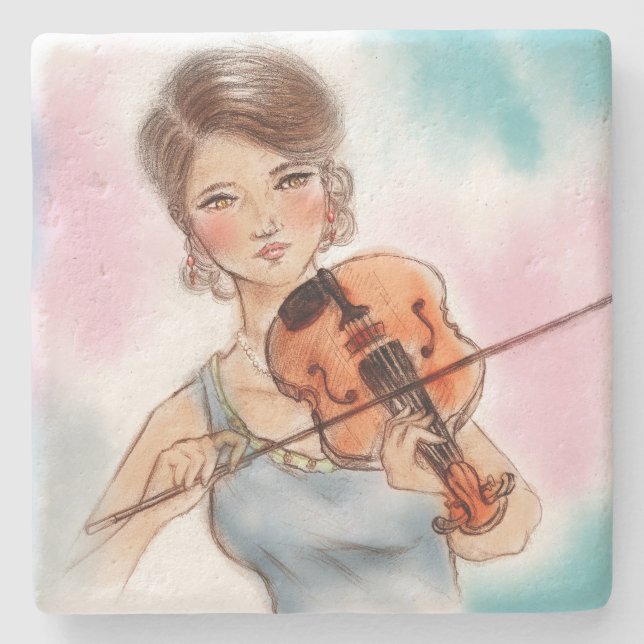 Classic Violin Lady Stone Coaster, Vintage Art Coaster (Front)